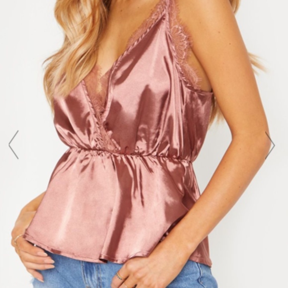 PrettyLittleThing Tops - Rose Satin Eyelash Lace Detail Cami Top